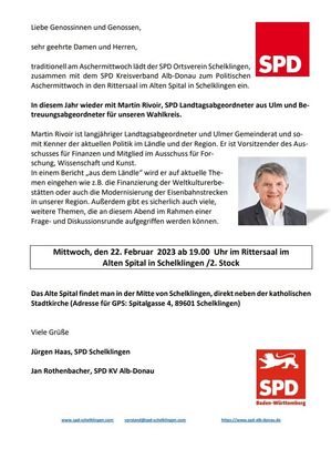 Bild der Einladung zum politischen Aschermittwoch in Schelklingen